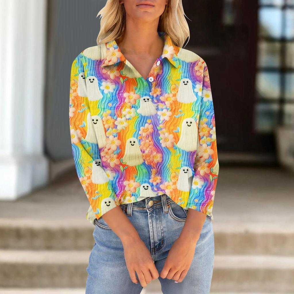 Women's Seven Quarter Sleeved T-shirt V-neck Button Up Shirt With Printed Loose Top For Halloween