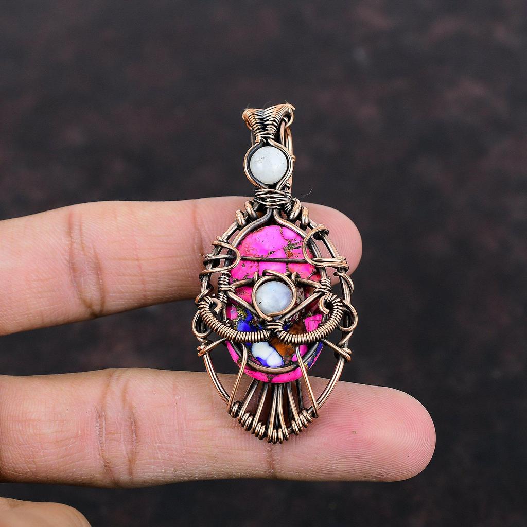 Натуральный Кингман Розовый Георгин Бирюзовый Кулон Кулон, обернутый медной проволокой Кулон Глаз Дьявола Кулон из драгоценного камня ручной работы Проволочные украшения из лунного камня