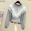Autumn Women Round Neck Lace Splice Casual Long Sleeve Pullover Tops