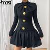 Women's Fashion Spring Fall Solid Color Print Long Sleeve Half Turtleneck High Waist Casual Dresses