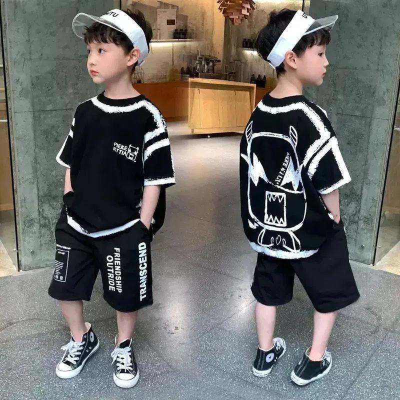 Summer Casual Boys Cotton Contrast T-Shirt Top+Shorts Pant Set School Kids Tracksuit Child 2PCS Outfit