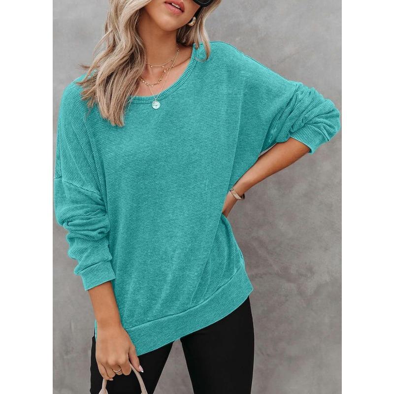 INDFS Женская мода Повседневный однотонный принт Весна Осень Длинные рукава О-образный вырез Пуловеры и длинные рукава