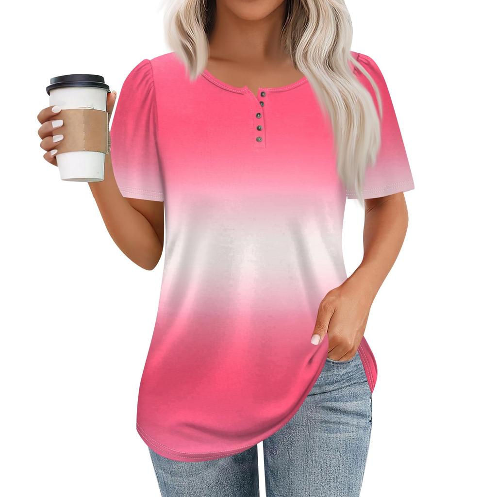 Женский модный повседневный короткий рукав пуловер с принтом на пуговицах и круглым вырезом