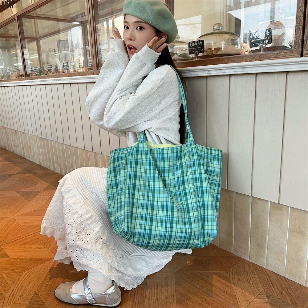 Travel Canvas Tote Bag Korean Style Women Handbag Fashion Plaid Shoulder Bag  Girls
