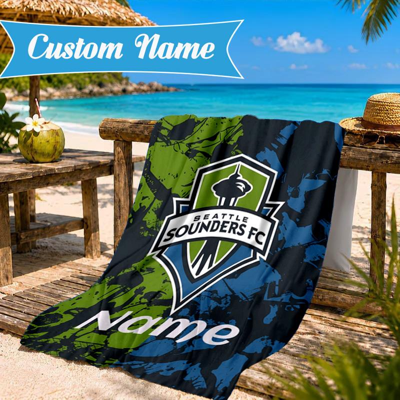 Custom Name Beach Towel Seattle FC Crest Microfiber Beach Towel, Lightweight for Summer Travel, Swimming Pool Fan Birthday Gift