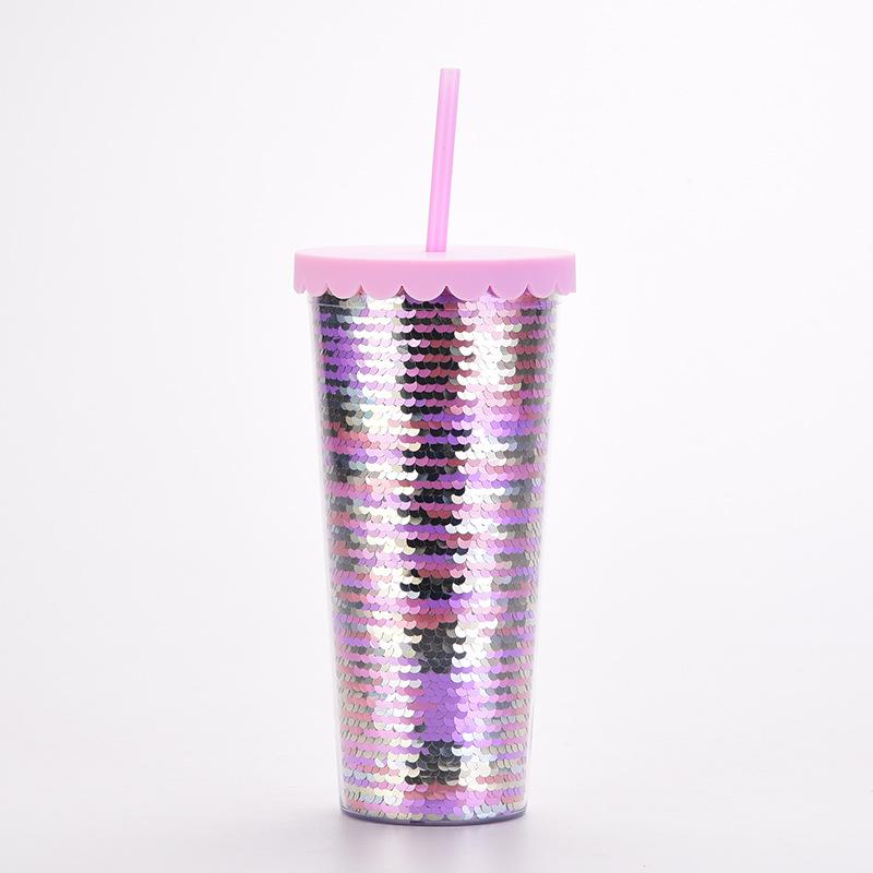 Double-Layer Plastic Cup, Sequined Straw Cup, Straight Cup, Summer Cold Drink Water Cup Can Be Determined