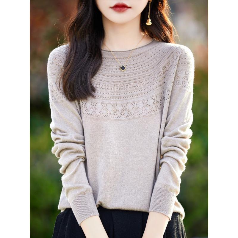 One-line Ready-to-wear Rolled Round Neck Hollow Wool Sweater for Women In Summer Loose Versatile Thin Wool Base Shirt for Women