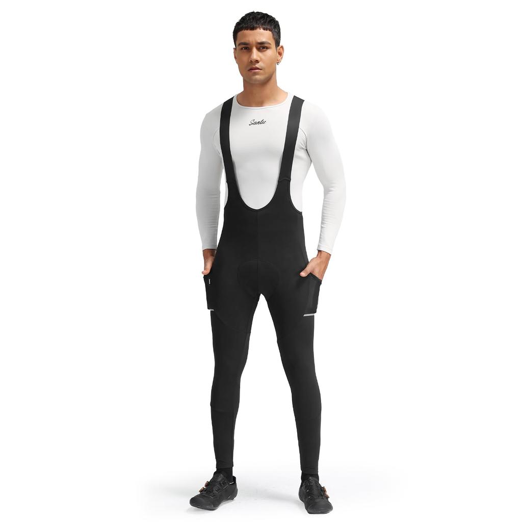 Велотрусы с лямками Santic для мужчин, Велотайтсы, С флисовой подкладкой, Осень/Зима Холодная погода, Велоспорт, Шоссейный велосипед, Велоодежда, 6-16°C (Черный, Размер M)