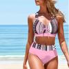 Women's Shoulder Strap Swimsuit Retro Festive Patterns Print Bikini Tankini Swimsuit Hanging Neck Swimsuit