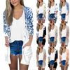 Women's Fashion Loose Casual Pocket Printed Cardigan Seven Sleeve Jacket Top