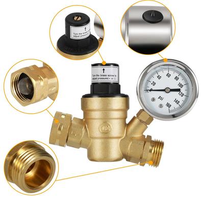 M11-0660R 3/4" Клапан регулятора давления воды Латунный Бессвинцовый Регулируемый Редуктор давления воды с манометром для автодома, кемпера и Впускной сетчатый фильтр