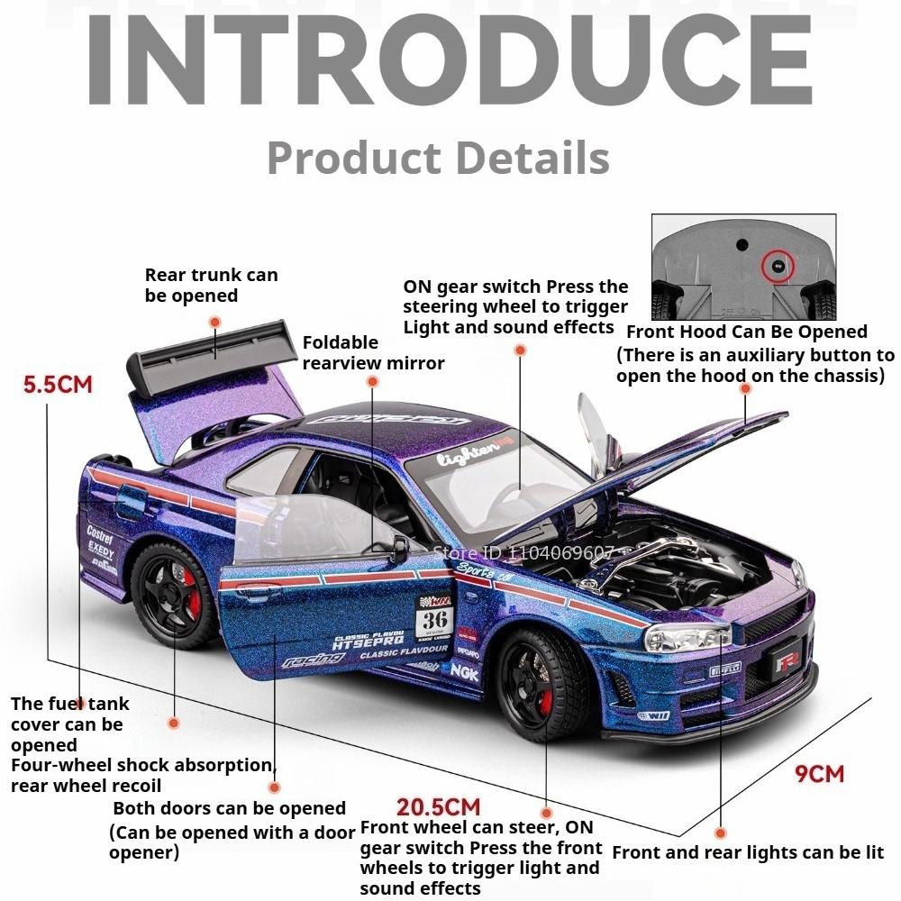1:Масштаб 24 GTR-S15 GTR-R34 Спортивный Автомобиль Модель Игрушка Колесо Рулевое Управление Двери Открываются Высокая Симуляция Модели Транспортных Средств Коллекционный Предмет