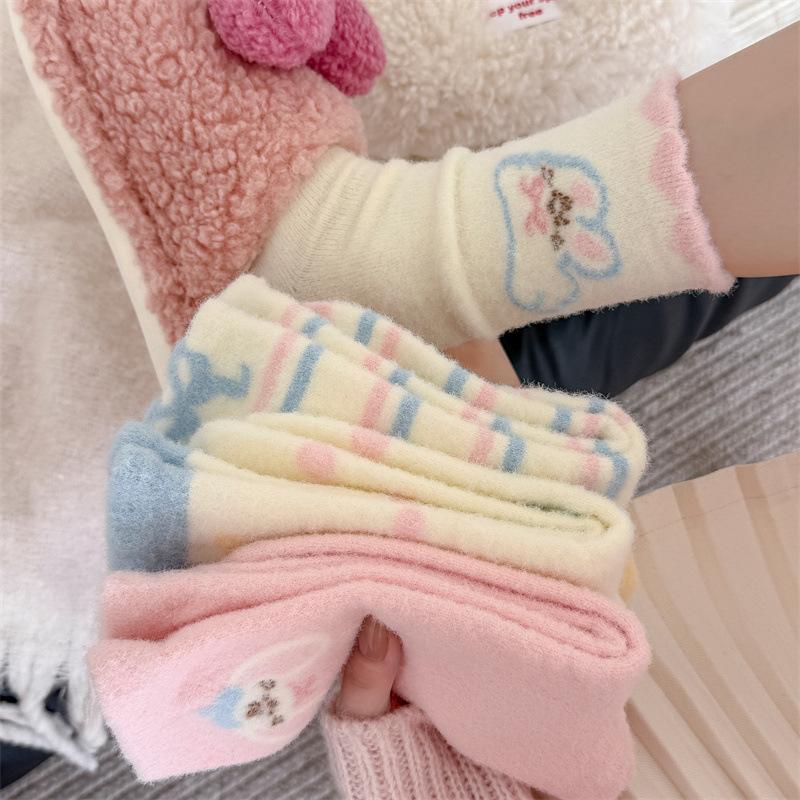 Australian Woolen Socks for Girls, Cute Cartoon Rabbits, Fluffy Mid-calf Socks, Sweet Autumn and Winter, Bow Stripes, and Warm Socks