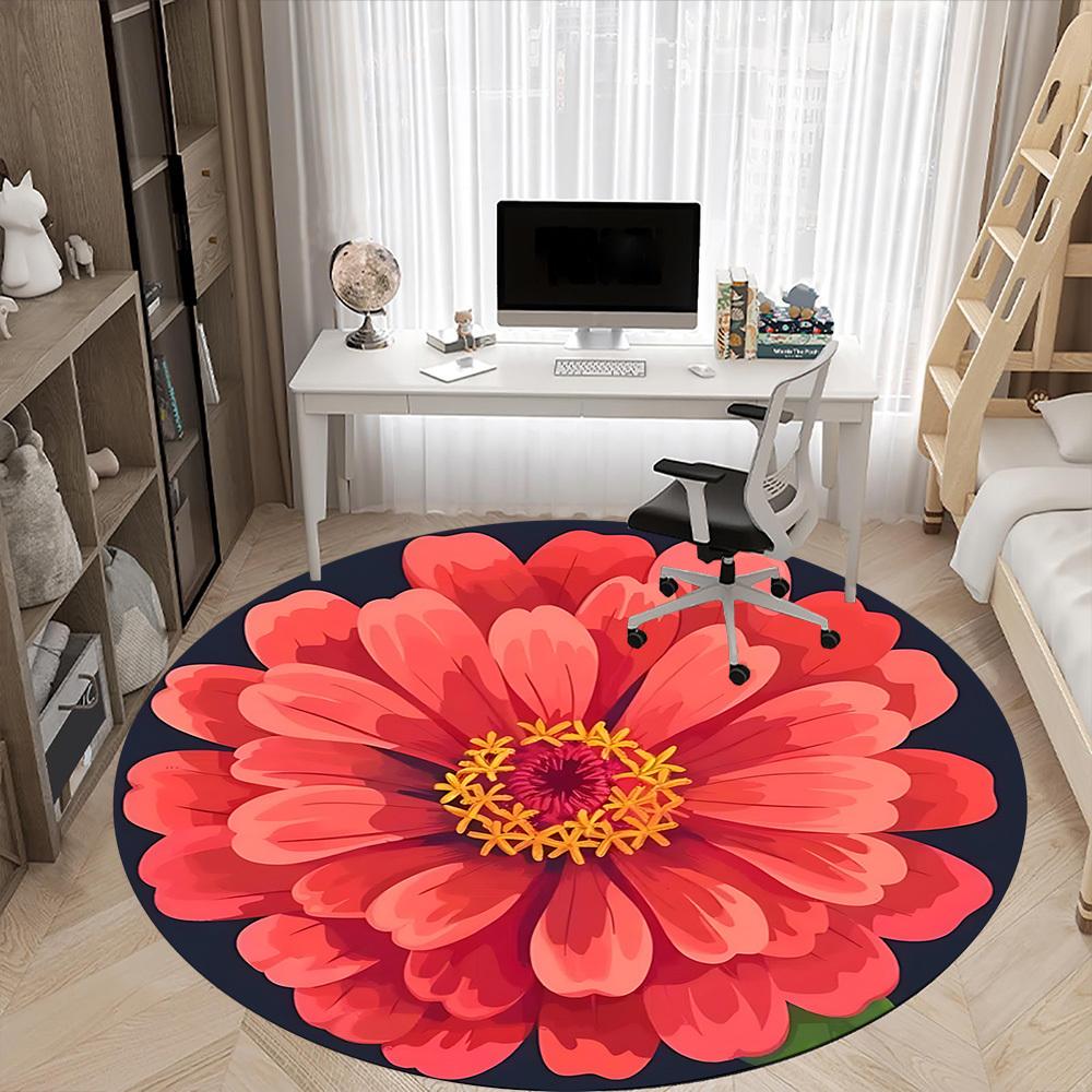 1PC Zinnia flower Office Round Rug, Non slip, Soft and Durable Office Rug for Interior Decoration, Perfect for Office