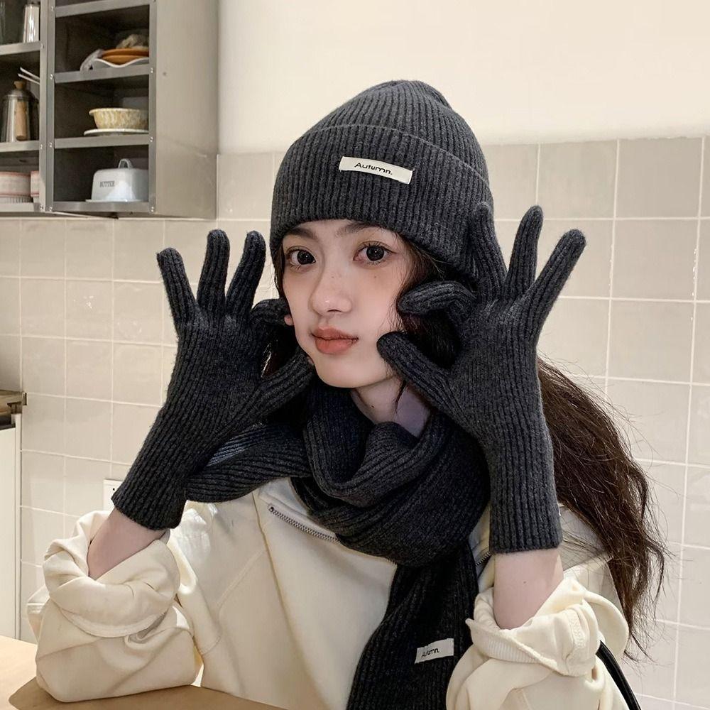 Solid Color Hat Scarf Gloves Set Warm Winter Beanie Hat Neck Protector Thermal Knit Cap  Skiing