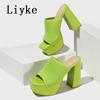 Fashion Liyke Summer Fashion Green Knitting Women's Slippers Banquet Nightclub Platform Chunky High Heels Slide Mule Shoes Female Sandal