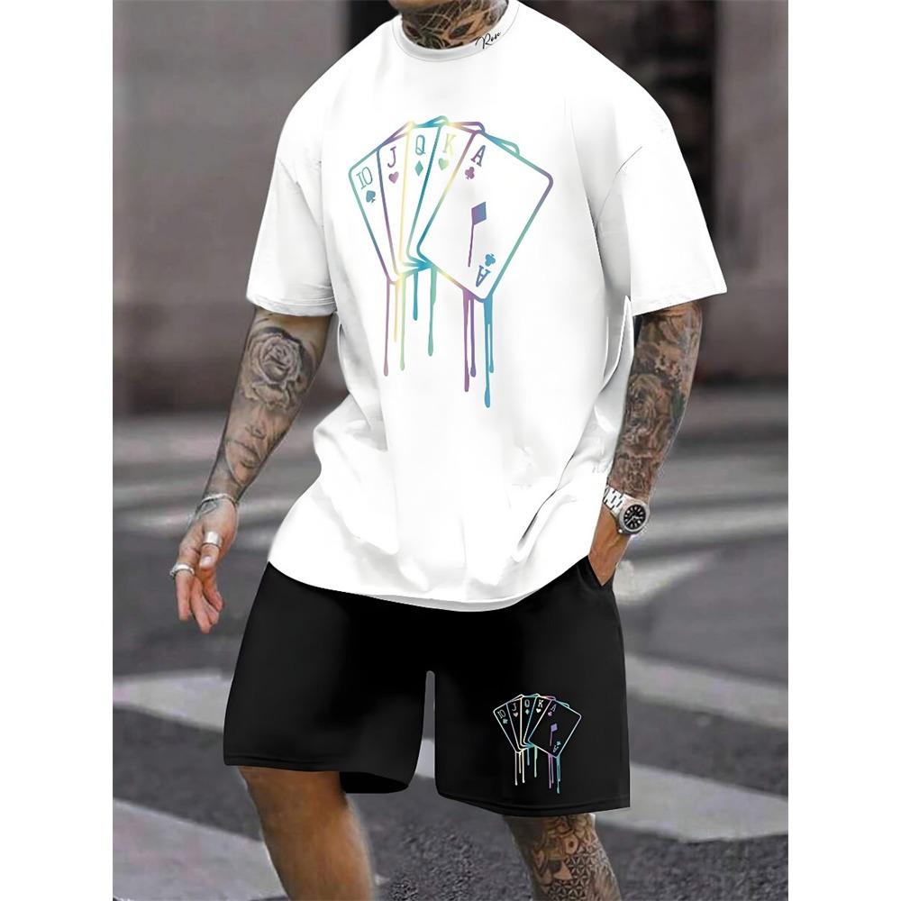 Summer Everyday Casual Men's Short Sleeve Shorts Set Colorful Bear Print Men's T-shirt And Colorful Graffiti Print Shorts Set