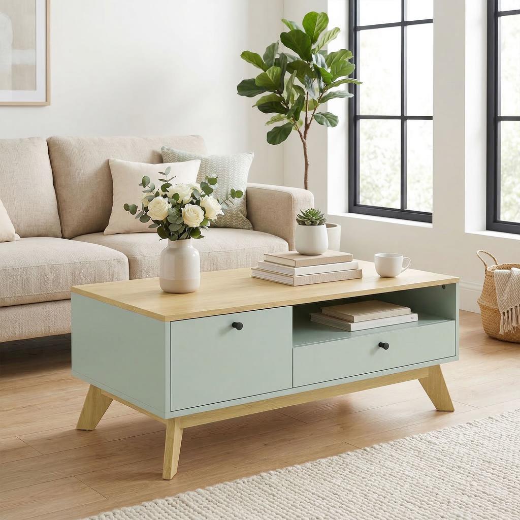 Living Room Coffee Table, Rectangular Side Table with Drawer, Door and Open Compartment, Light Green and Oak