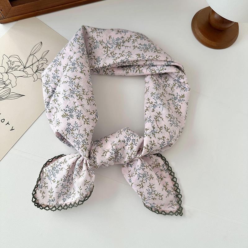 70% Cotton Linen Small Square Silk Scarf - Korean Style Floral Design for Versatile Neckwear and Decorative Use