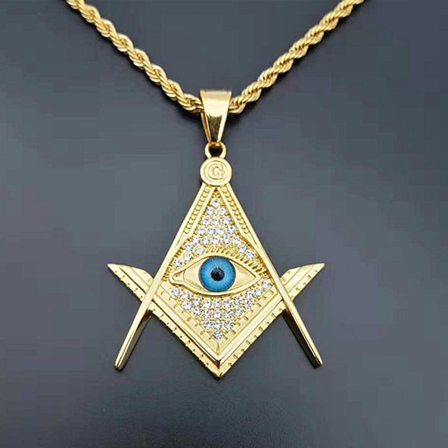 Drop Shipping Hip Hop Iced Out Masonic All-seeing Eye Pendant Necklace Chain Gold Color Stainless Steel Freemason Mason Jewelry