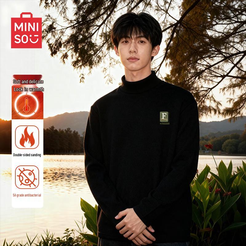 MINISO Мужская футболка с длинным рукавом и воротником-стойкой, на флисовой подкладке