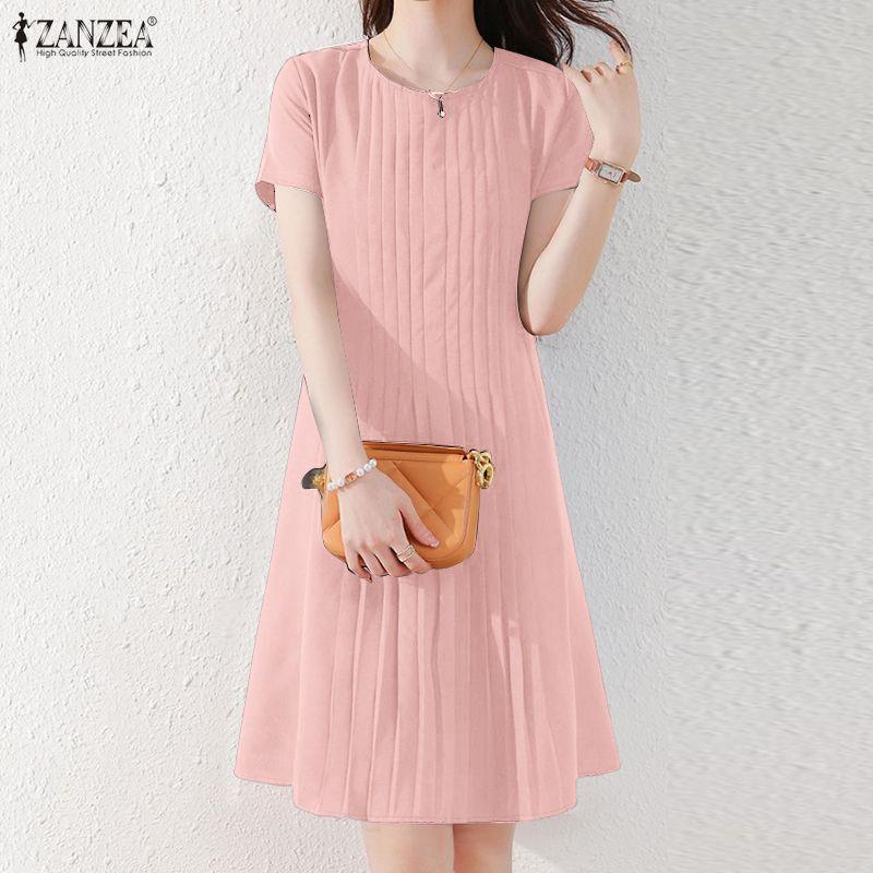 ZANZEA Women Summer Casual Round Neck Short Sleeve Dress