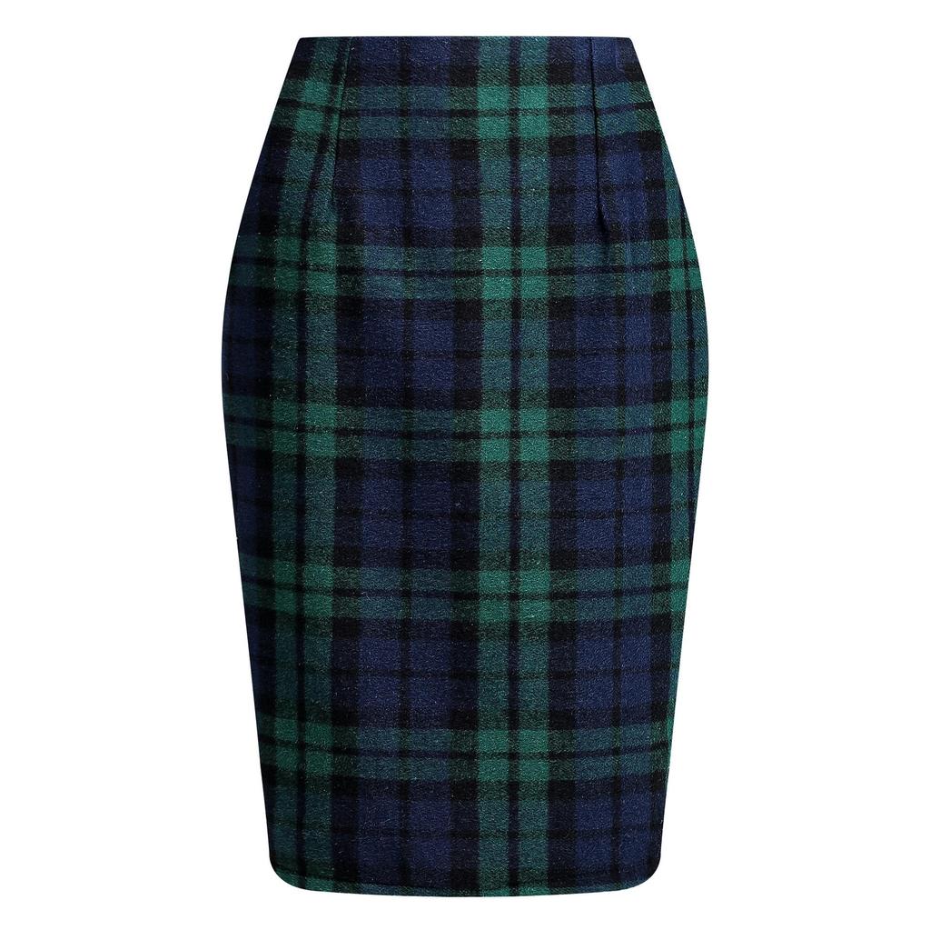 High-Waisted Women's Plaid Pencil Skirt - Knee-Length Wool Skirt for Autumn and Winter