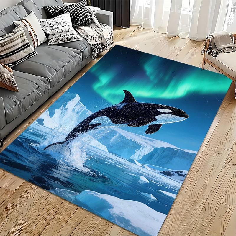 Jumping Orca Under Aurora Sky suitable as a non-slip mat for the living room or bedroom sofa