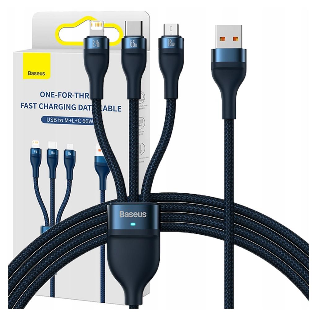 Baseus Flash Series 3-in-1 USB Cable, USB-C + Micro USB + Lightning, 66W, 1.2M (Blue)