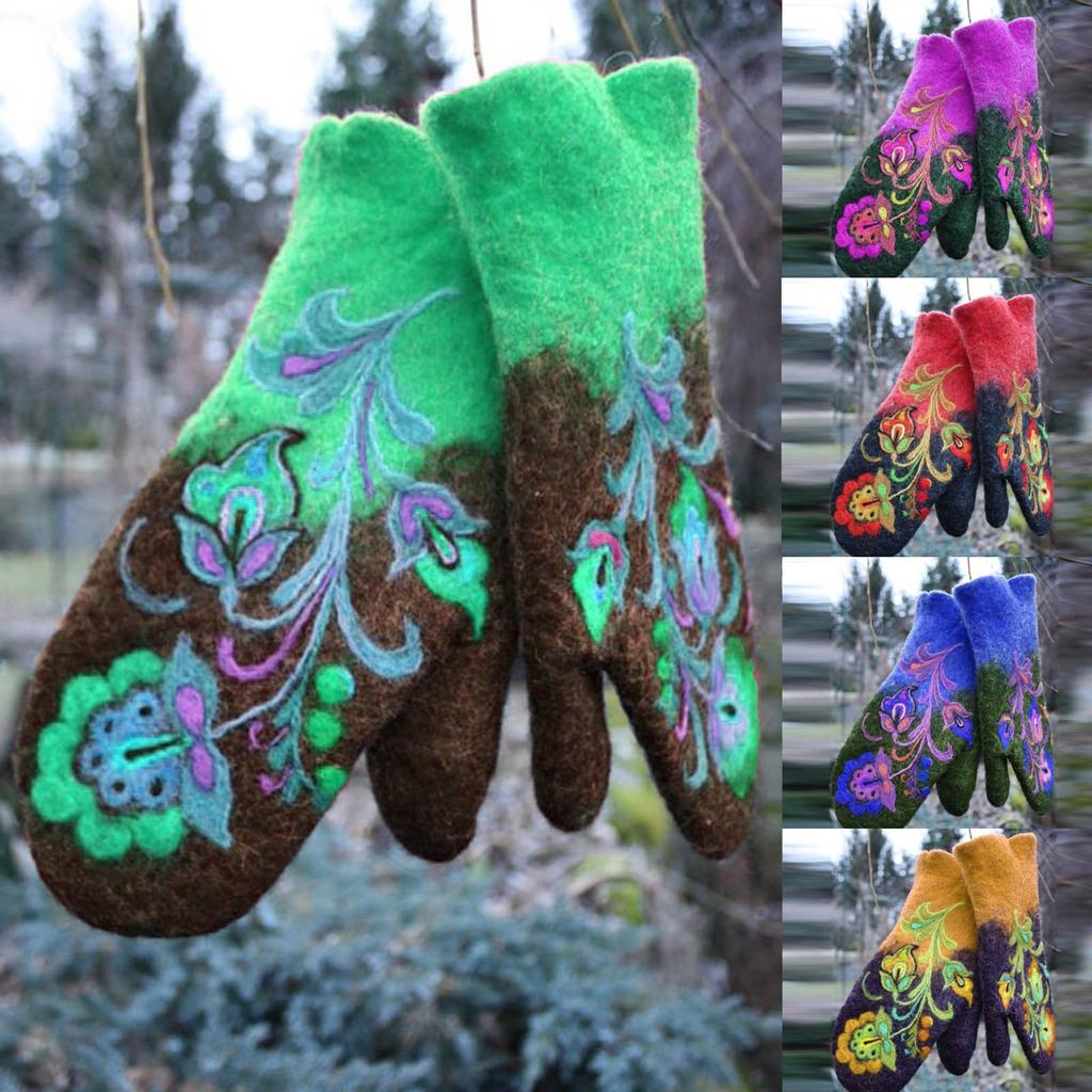 Women's Colorful Embroidered Gloves Winter Christmas Mittens Warm Gloves