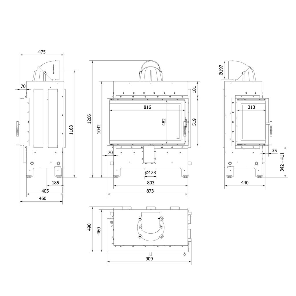 KRATKI Fireplace Insert LUCY Left 14 kW Ø200 Ecodesign Installation Kit