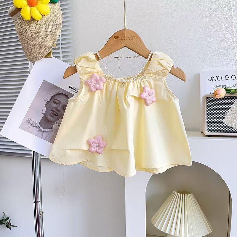 Модный костюм для девочек, летний детский повседневный милый комплект из двух предметов без рукавов с топом и шортами