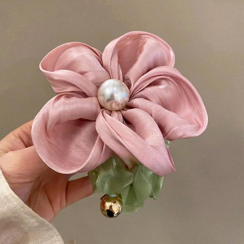 1 шт. Весенняя атмосфера Жемчужная резинка для волос Темпераментная резинка для волос в виде большого кишечника Сказочный стиль Большой цветок Кожа Растягивающаяся