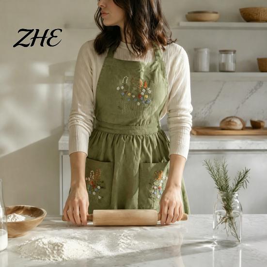 Breathable Cotton Blend Apron Kitchen with Pockets, Durable Washable Chef Apron, Adjustable Cross Florist Garden Pockets Back Design, Hand-Embroidered