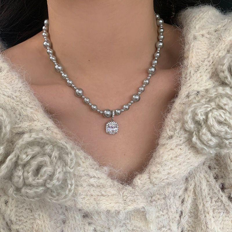 Square Diamond Grey Pearl Necklace Women's Premium Removable Pendant Decorative Clavicle Chain Temperament Sweater Chain