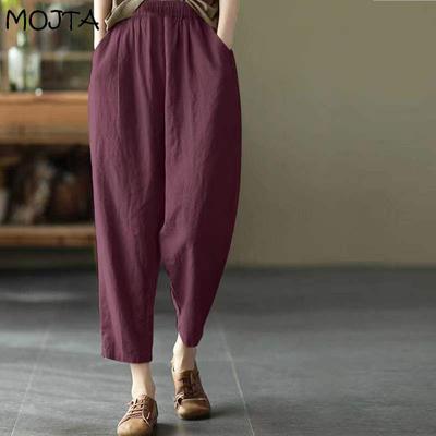 Женские летние повседневные свободные шаровары с эластичной резинкой на талии, хлопковые и льняные тонкие брюки, девятые брюки, большие размеры