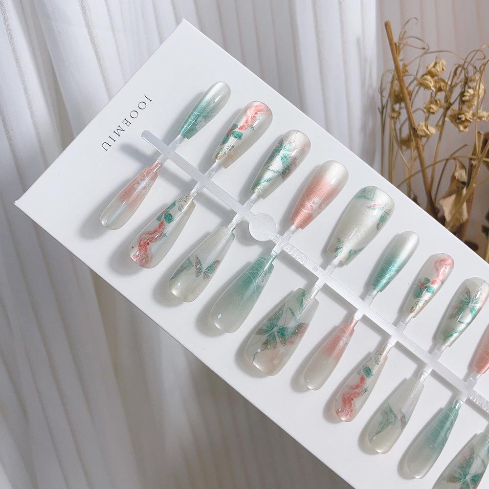 Powder Blue 3D Cat-eye Airbrushed T-shaped Wearable Nail Tips, Medium Size, Removable, 30 Pieces