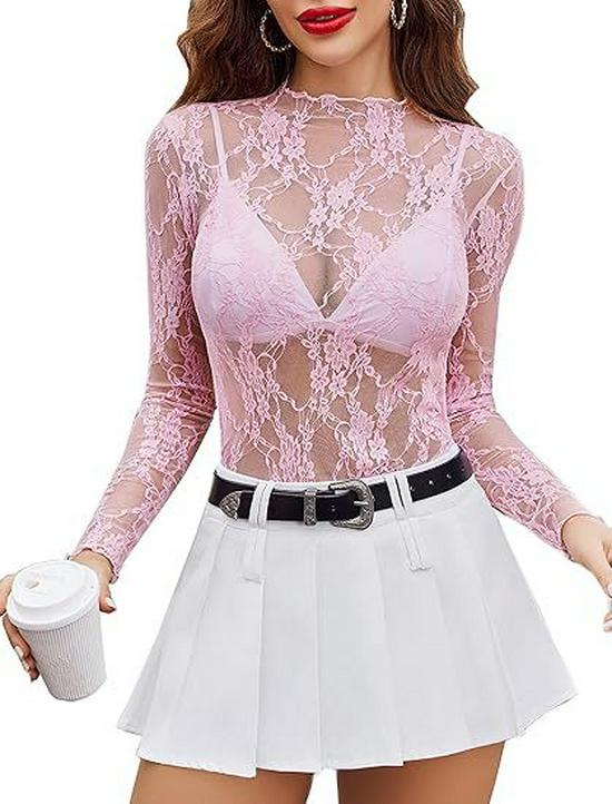 2024 European & American Style Lace Floral See-Through Long-Sleeve Women's Top