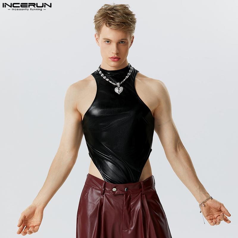 INCERUN Мужские комбинезоны без рукавов, приталенные комбинезоны с мокрым эффектом