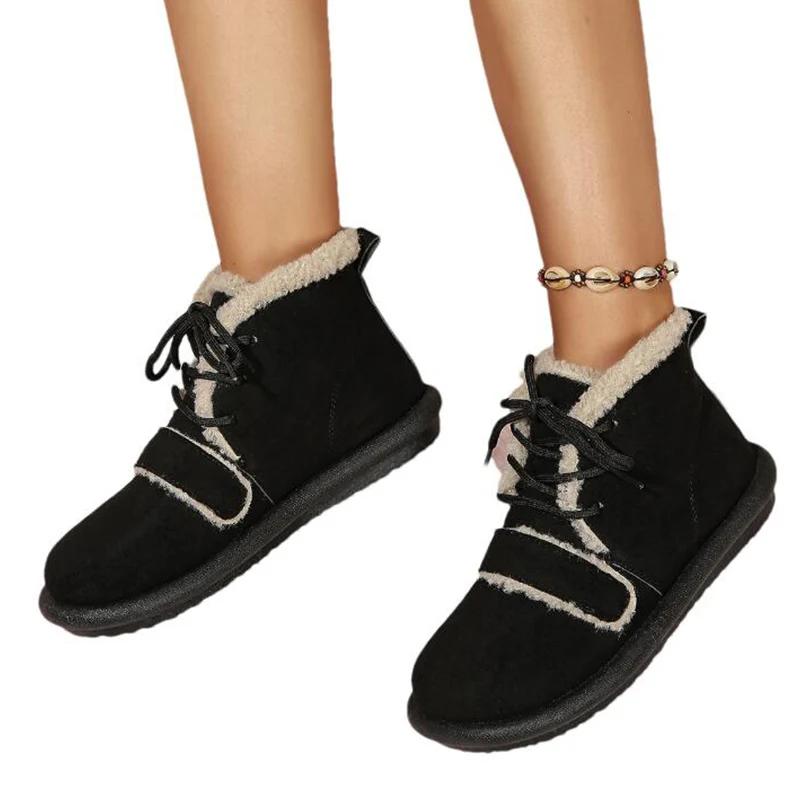 Женские замшевые зимние ботинки на плоской подошве, зимние короткие плюшевые теплые ботинки, новые повседневные хлопковые туфли на шнуровке для ходьбы Femme Zapatillas