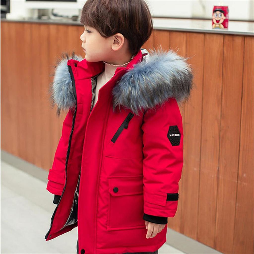 Winter Boys White Down Jacket Coat Baby Fur Collar Hooded CottonThicken Warm Soild Color Jacket For Children's Outwear Kids Clothes