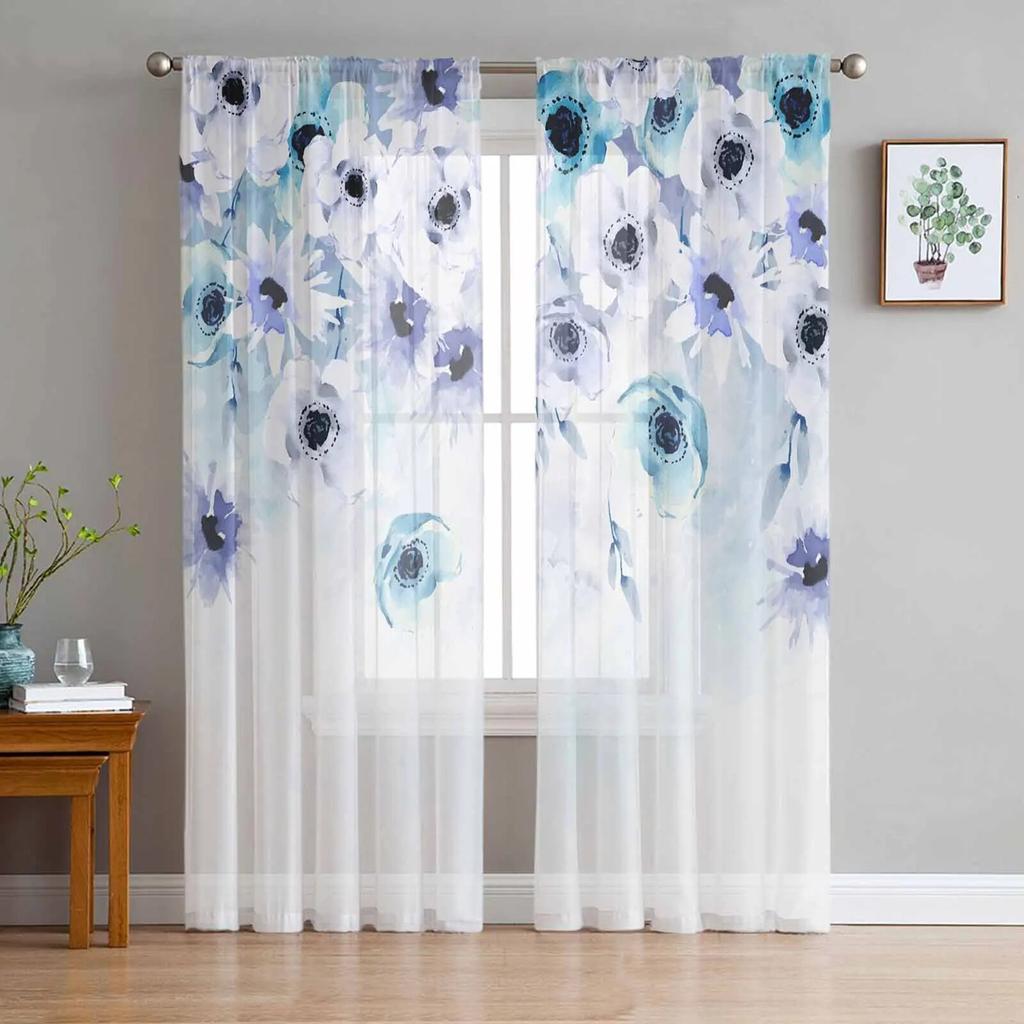 Flowers Retro Plants White Flowers Bedroom Transparent Sheer Curtains Holiday Decoration Window Voile Tulle Curtain