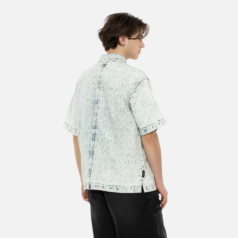 Evisu SS24 Джинсовая рубашка с коротким рукавом, свободного кроя, с цветочным жаккардом и вышивкой чаек, стирка водой Мужские рубашки Джинсово-синий 2ESHTM4DI8015BZDN