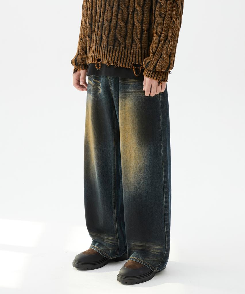 TRILLION Dirty Brush Washed Wide Denim Pants (Deep Green)