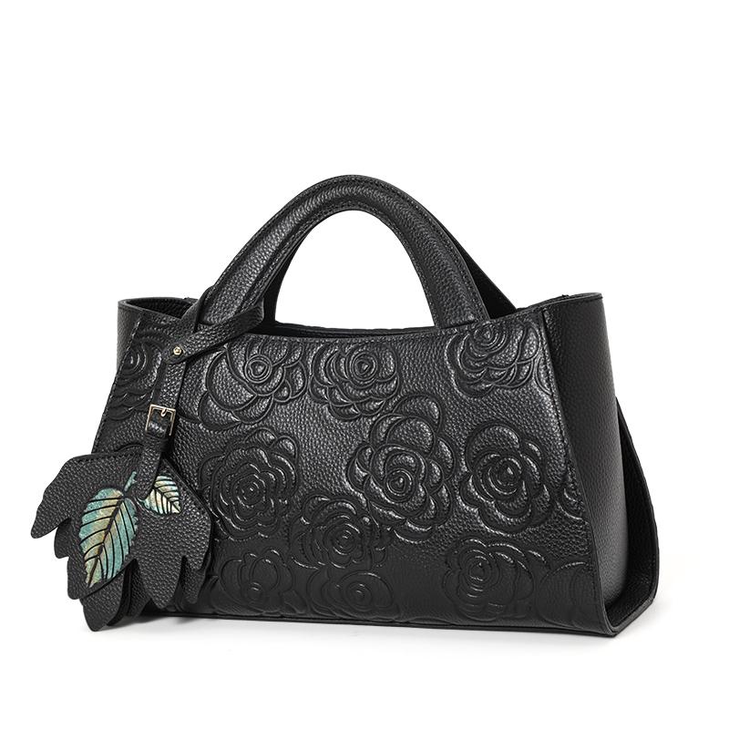 Aidrani Женская сумка из натуральной кожи, большая вместимость, сумка через плечо с цветочным узором, мягкая сумка из коровьей кожи, черная