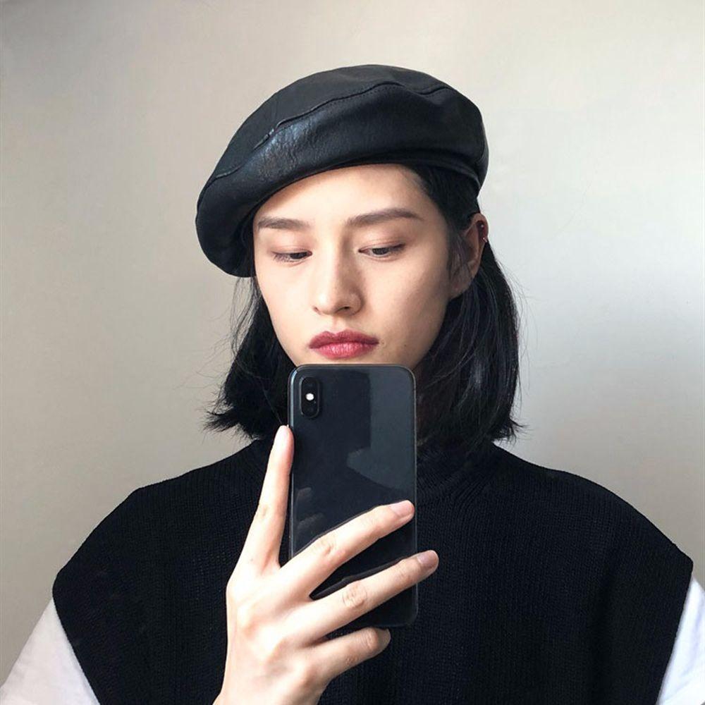 Стильная зимняя универсальная шляпа для девочек в корейском стиле, береты из искусственной кожи, шляпа художника, женская восьмиугольная кепка