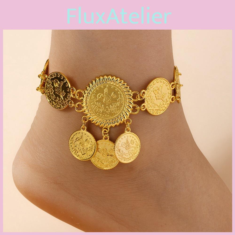 Gold Alloy Luxury Coin Anklet Women Fashion Accessory With Tassel Dangle Design