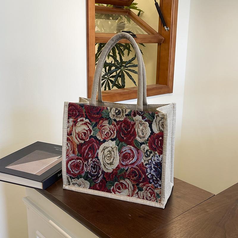 Льняная сумка-тоут большой вместимости 2025 новая цветочная сумка-тоут для поездок на работу, женская студенческая сумка через плечо для занятий