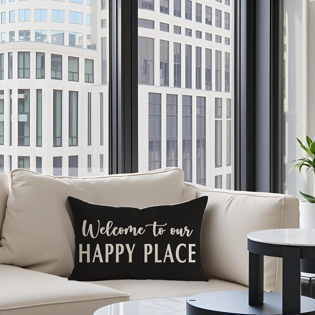 Decorative Throw Pillow Cover 12x20 Inch Welcome to Our Happy Place Black White Outdoor Modern Farmhouse Front Porch Patio Decor Lumbar Cushion Case