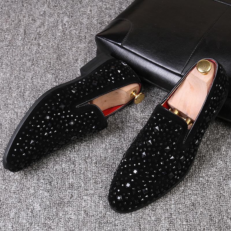 Fashion Man Loafers Shoes Genuine Leather Casual Fashion Mens Rhinestone Driving Shoes Man Flats Dress Wedding Slip-on Club Shoe